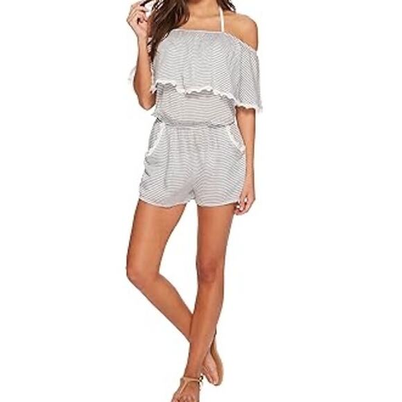 BECCA Pants - BECCA Navy White Stripe Crochet Trim Off Shoulder Shorts Romper Swim Cover Small